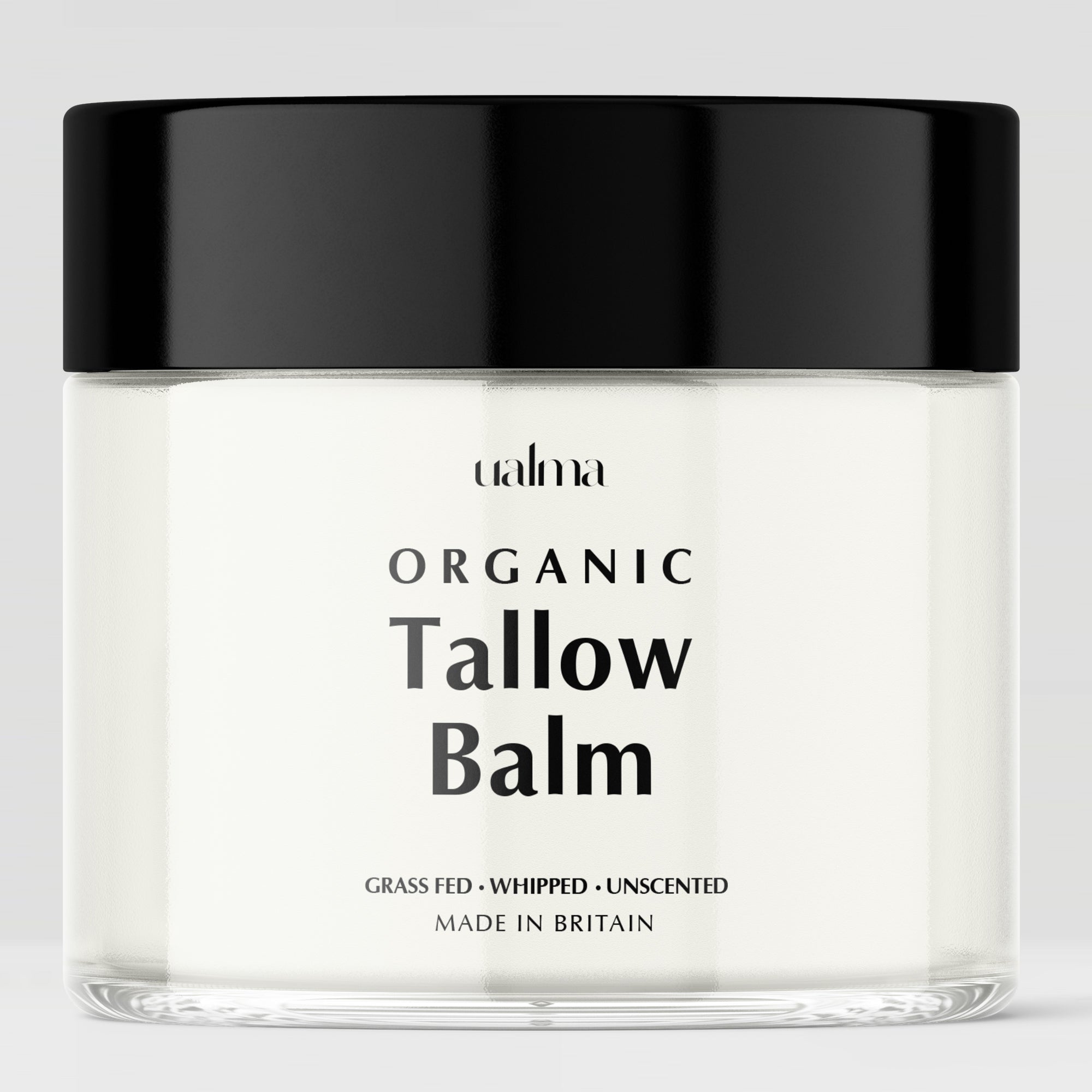 Organic grass-fed beef tallow balm in glass jar - British-made natural moisturiser for face and body. Rich in vitamins A, D, E, K, this artisanal tallow cream deeply hydrates dry skin, supports anti-ageing, and soothes sensitive skin. Pure, whipped texture for easy application